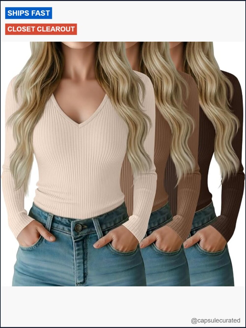 V Neck Long Sleeve Ribbed Knit Tops 3 Pack Slim Fit Layering Tees